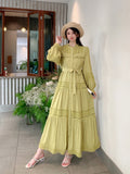Fongt Wooden Ear Collar Buckle Tie With Long Hollow Lace Splicing French Bubble Sleeve Dress