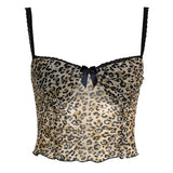 Retro Leopard Print Camis Vintage 2000s Bow Stitched Sleeveless Lace Strap Crop Top Women Summer See Through Mesh Tee y2k-Outfit
