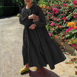 Holiday Pleated Dresses Casual Women Solid Dress Long Lantern Sleeve Maxi Dress Stylish Vestido VONDA Beach 2022 Long