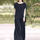 Oversized Summer Trousers Suits 2PCS Women Matching Sets Fashion Short Sleeve Blouse Wide Leg Pants Sets Loose