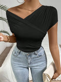 Fongt Spring And Summer Explosion Folding Collar V Collar Sexy Blouse Lady Short-Sleeved T-Shirt