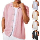Fongt Men's Casual Knit Shirt Men's Summer New Solid Color Lapel Hollow Out Breathable Men's Short-Sleeved