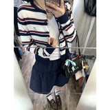 Fongt Color Design Sense Retro Striped Knitted Cardigan Women's Spring And Summer College Style Sweater Tibetan Blue Short Skirt Two-Piece Set