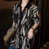 Turn-down Collar Zebra Blouse Spring Autumn Commute Single-breasted Women's Clothing Chic Diamonds Commute Loose Shirt-Outfit