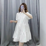 simply solid color casual white shirtdress office lady puff sleeve pleats vestidos chic leisure big swing dresses