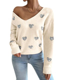 Fongt And Winter Valentine's Day Design Slid Love Embroidery V Collar Sweater Female Top