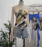 Design-Sensitive One-Shoulder Horn Long-Sleeved Mesh Yarn-Print T-Shirt With Short Tight Top