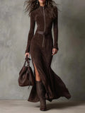 Fongt New Retro Modern Collar Zipper High Open Forked Waist Temperament Famous Style Dress