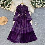 Fongt Dress Women's French Retro Fashion Collar Pearl Single Buckle Lace Splicing Velvet Swoon Long Dress