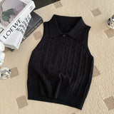 Fongt Chic Summer French Niche Polo Collar Sleeveless Knitted Top Girl Slime With Solid Color Vest