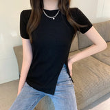 Fongt Summer Wear New Net Red Ins Super Fire Slim Versatile Side Slit Black Short-Sleeved T-Shirt Women's Chic Top
