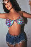 2023 Summer Women Chain Sequins Sexy Y2K Clothes Sleeveless Backless Halter Crop Top Aesthetic Vintage Drop