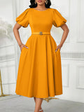 Fongt Women's 2025 Summer Fashion Bubble Sleeve Elegant High- Waist Solid Colored Round Dress African Dress