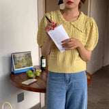 Women T-shirt Cute Button Short Sleeve Sweater Femme Single Breasted Peter Pan Collar Summer New