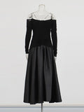 Temperament Famous Wind Style Long Dress 2025 New Bosom One-Word Shoulder Design Long-Sleeved Pin Waist Dress