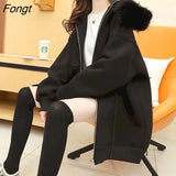Plus Velvet Hooded Jackets Women Loose Korean Fashion All-match Solid Color Fur Collar Cardigan Hoodies Fall