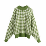 Houndstooth Knitting Loose Sweater Casual Femme O-Neck Long Sleeve Pullover High Street Lady Tops