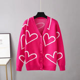 Women's Knitting Print Sweater Color Heart Single-Breasted Button Loose Casual Knitted Cardigan Sweaters Autumn V-neck