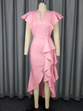 Fongt V-Neck Loaf-Side Dress High-Waisted Open-Fork Irregular Hem Dinner Dress Dress Dress