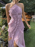 Fongt Spring And Summer New Folded Lotus Leaves Hanging Neck Bare Back A Swing Chiffon Fluttering Long Skirt LX0159