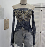 Fongt Shot Raging Butterfly Embroidery Y2k Babes Punk Word Shoulder Tie-Dye Mesh T-Shirt With Short Top 1319