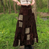 Fongt Vintage Crumbat Splicing Half-Body Skirt Holiday High-Waisted Thin A-Shaped Skirt New Mid-Long Skirt