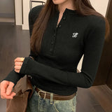 Button Half-Open Collar Embroidery Short Casual Style Minority Long-Sleeved T-Shirt New Spring Blouse For