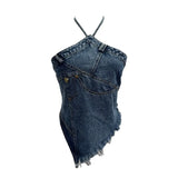 Fongt Summer Babes Hanging Neck Cowboy Corset Irregular Hairy Short Vest 8905