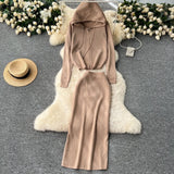 Fongt And Winter Casual Suit Female Fashion Hot Diamond Hooded Zip Open Shirt Sweater Jacket Knitted Hip Half-Dress