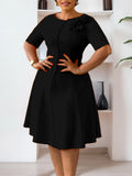Fongt Women's 2025 New Short-Sleeved Solid-Colored Round-Collar Temperament Elegant African Dress