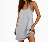 Fongt Summer Solid Sleeveless Dress Fine Shoulder Strap Vest Skirt Sports Skirt Pocket
