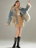 2024 Women Winter Denim Jacket Oversize Large Fur Collar Plus Velvet Jacket Detachable Thick Loose Warm Bomber Jean