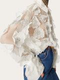 Fongt 2024 New Fashion Lapel Heavy Industry Organza Embroidery Three-Dimensional Flower Sequin Splice Design Sense Shirt-Outfit