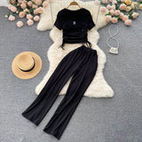 Fongt Female Pleated Drawstring With Short-Sleeved Top Pendant Wide-Leg Pants Two-Piece Set-Outfit