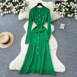 Fongt Small Fragrant High-Grade Metal Buckle Waist Dress Women 2025 Autumn Thin Temperament Hollow Knitted Long Dress