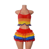 Fongt Striped Knitted Neck Top + Lotus Side Shorts Set Sexy Umbilked Fashion Two-Piece Set