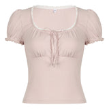 Lace Trim Coquette Puff Short Sleeve Tee-Outfit