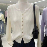 Gentle Style Sweater Spring And Autumn New Solid Color Gold Button V Neckline Sweater Cardigan Short Outer Coat-Outfit