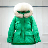 Huge Real Raccoon Fur Hooded Waterproof Winter Duck Down Jacket Women Fashion Female Parkas Sash Tie Up Puffer