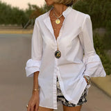 Shirts Summer Women Solid Flare Sleeve Shirts Spring Blouse 2022 VONDA Sexy V Neck Button Up Office Shirt Femininas