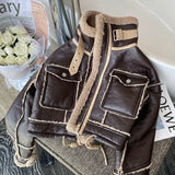 Lambswool Jacket Winter Thickened Plus Velvet Motorcycle Faux Leather Stitching Coat PU Plush Cardigan Stand Collar Tops-Outfit