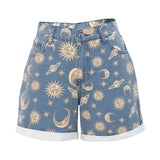 denim Shorts Fit Planet Printed Pattern Shorts Women Short Pant School Loose Streewear Sun Star Ladies Short