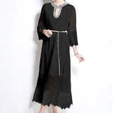 Fongt Luxury Famous Dress Women Spring Diamond Seven-Sleeve Mesh Splicing Design Chic Temperament Dress