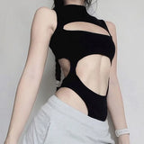 Fongt Hexing Fashion Solid Color Sexy Hollow Bodyless Collar Sleeveless Irregular Vest Conjoined