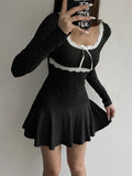 Lace Patchwork Knitted Mini Dresses Women Autumn Y2K Sweet Bow Bodycon Long Sleeve Pleated Dress Casual Korean Style-Outfit