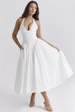 Fongt Spring And Summer French Name Deep V-Neck Sexy Hanging Neck Tie Splicing Pressure Folded Waist Thin Sweet Dress