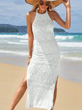 Fongt Beach Dress Hollow Knitted Neck Sling Sexy Bare Back Fork Long Tie-Shirt Woman