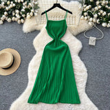 Fongt Dress Women 2025 New Gentle Wind Temperament Slings Waists Thin Vertical Knitted Dress Inside The Long Skirt