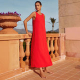 Fongt Spring And Summer New Casual Fashion Sleeveless Rounded Collar Solid Color Splicing Lace Fork In The Long Dress Woman