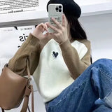 Fongt Sleeve Love Bottom Sweater Female Autumn Winter 2024 New Small Lazy Wind Loose Spell Color Knit Top-Outfit